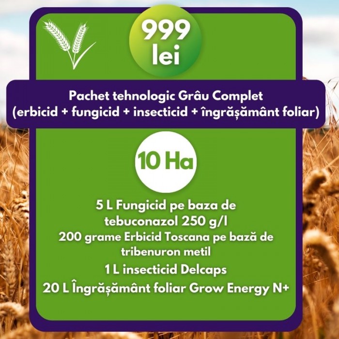 Pachet tehnologic Grâu Complet (erbicid + fungicid + insecticid + îngrășământ foliar)- 10 ha